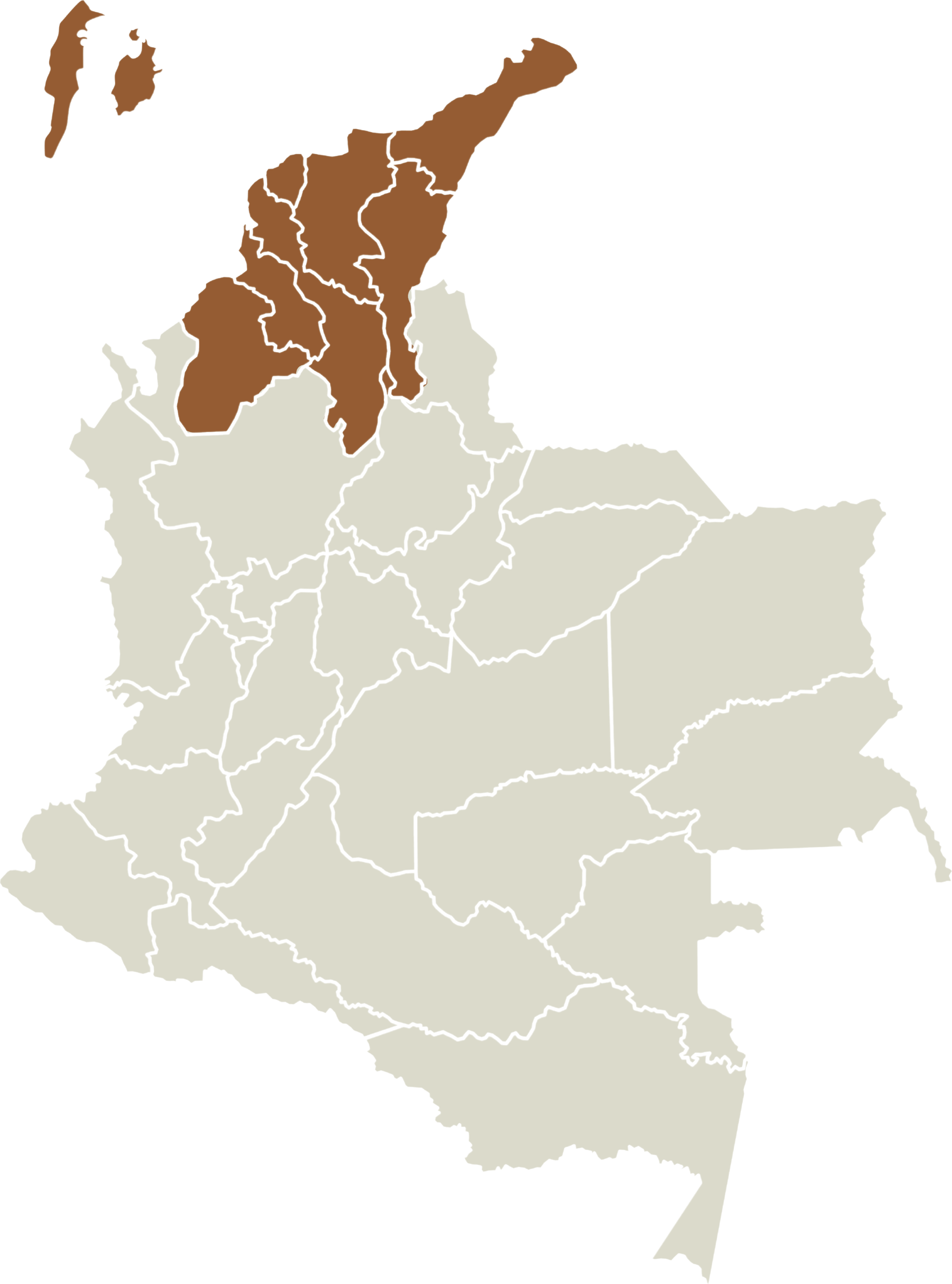 Mappa della Colombia con la regione dei Caraibi evidenziata